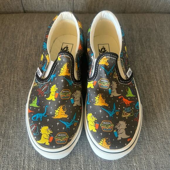 NEW Vans Kids Boys Classic Slip-On Dino Asphalt Low Print Gray Sneaker Shoes 3 - Picture 7 of 11
